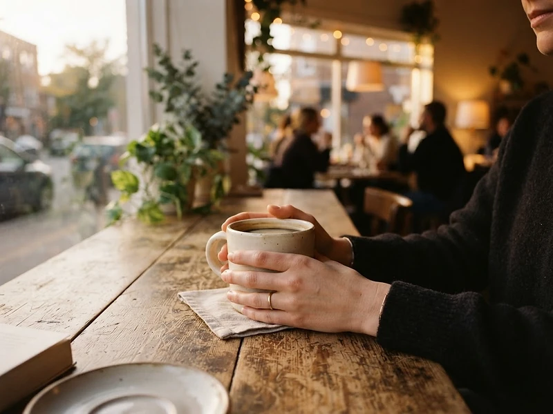 Hands holding a cream ceramic coffee mug near a window