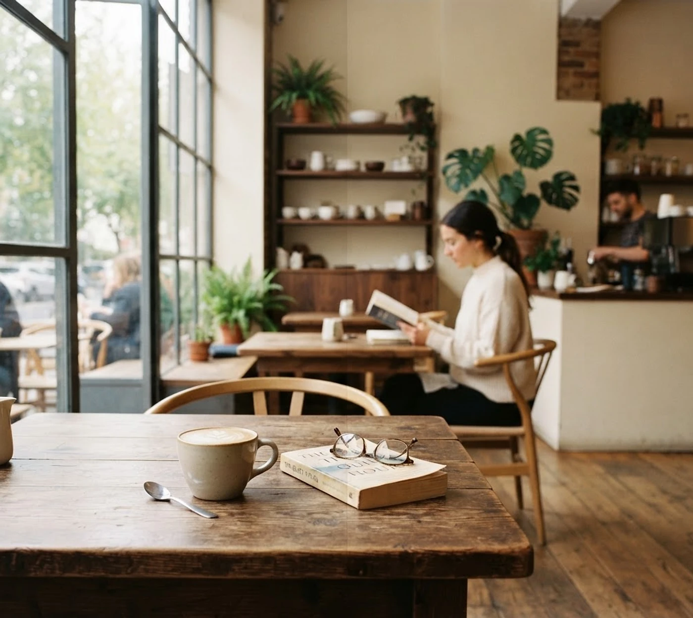 Warm minimalist coffee shop interior with rustic wooden tables