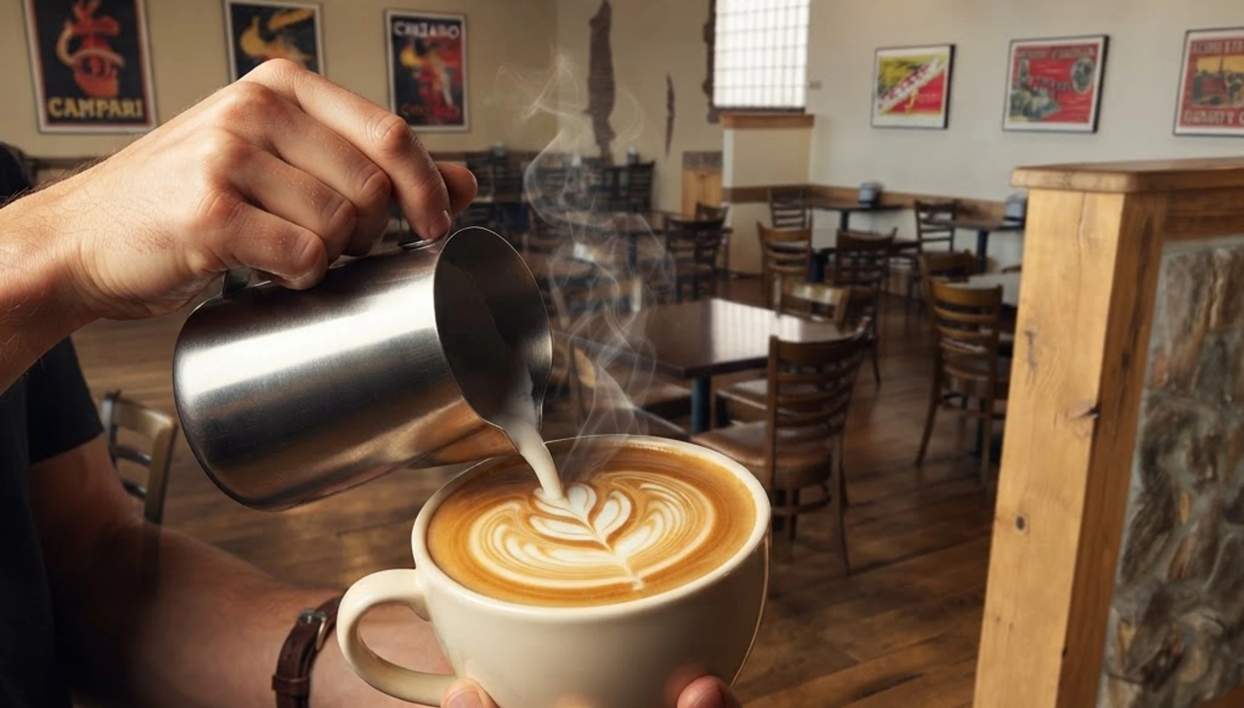 A barista finishing a latte art heart in a cream ceramic mug